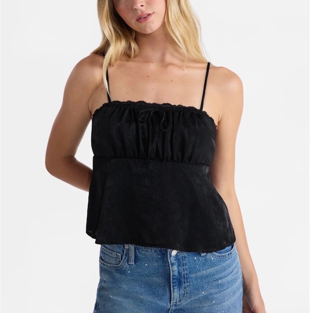 NWT No Boundaries Satin Lace Trim Black Cami, Women’s